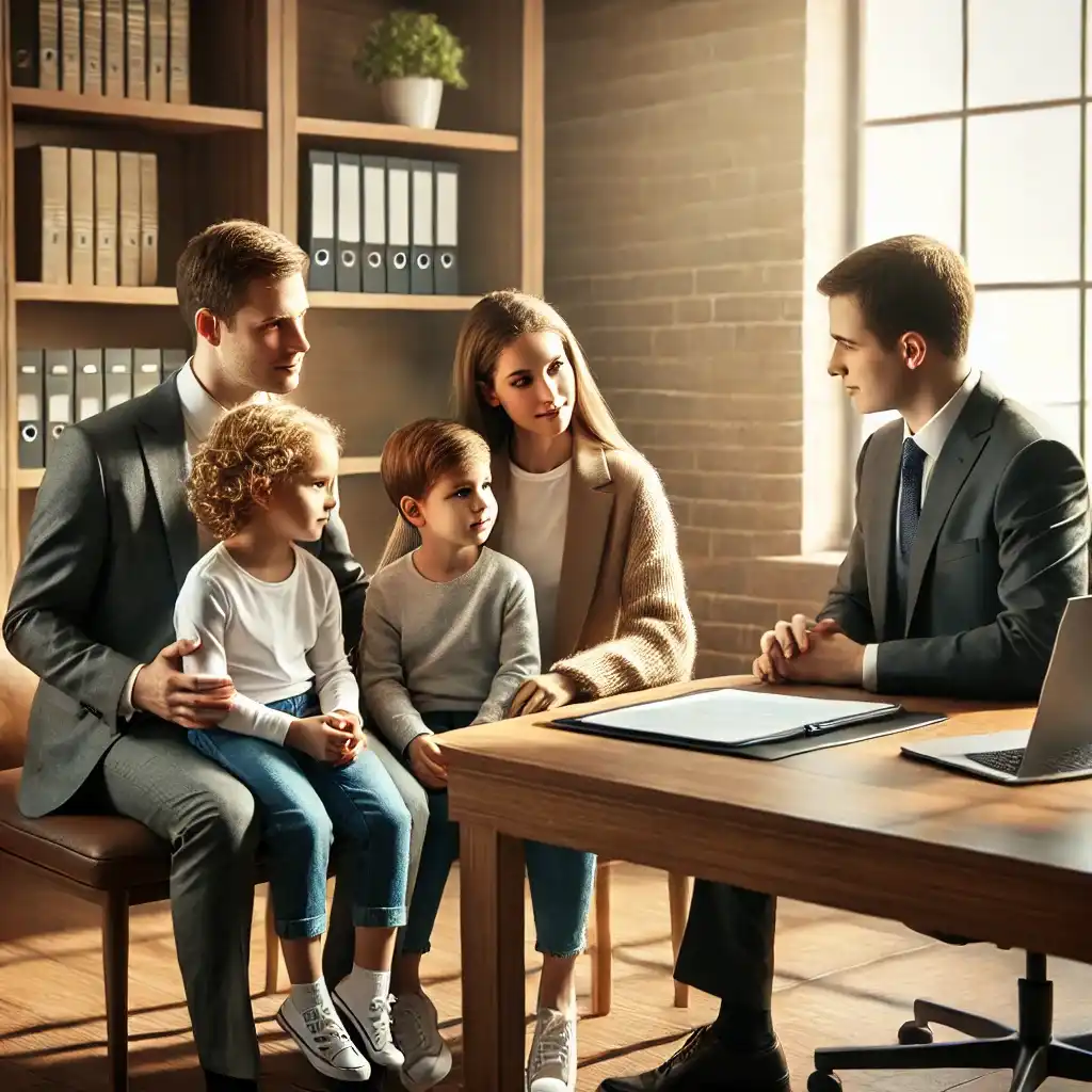 A Realistic And Warm Image Of A Family Sitting Together With A Professional Lawyer In An Office Environment. The Family Includes A Father Mother And 1